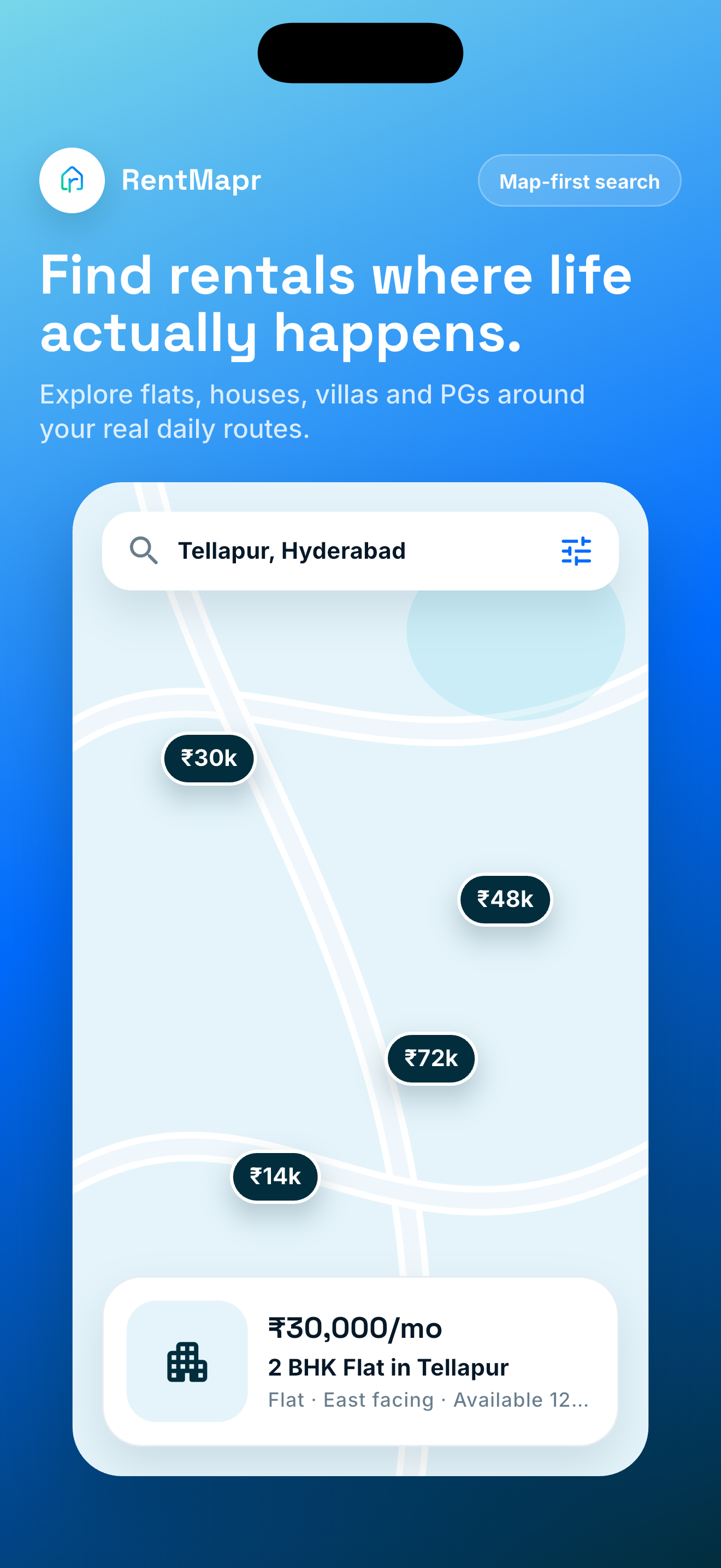 RentMapr map search showing live rent pins around Tellapur